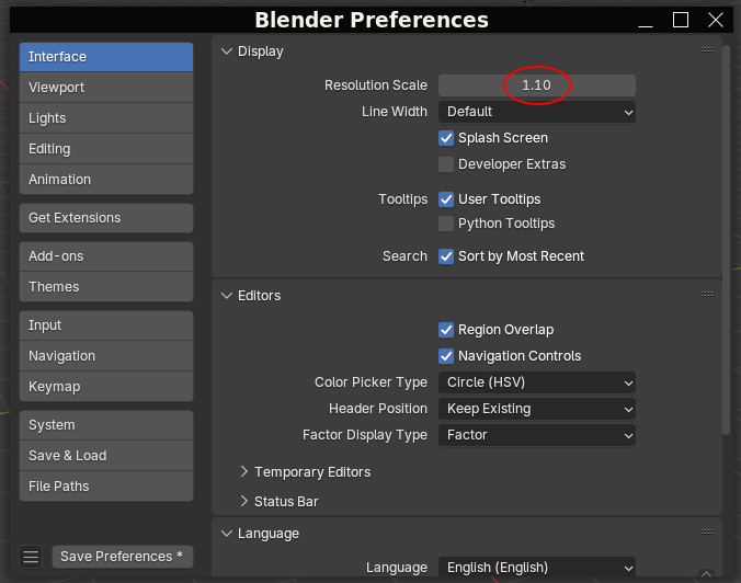 Вкладка Interface редактора Preferences