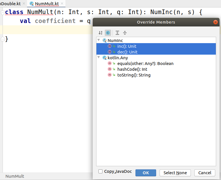 Окно переопределения членов класса в IntelliJ IDEA