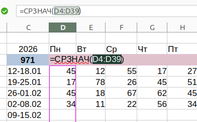 Вычисление среднего значения в Calc