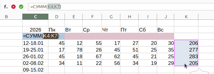 Указание диапазона для вычисления суммы в Calc