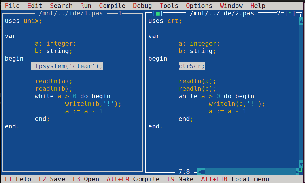 Команды очистки экрана во время выполнения во Free Pascal IDE