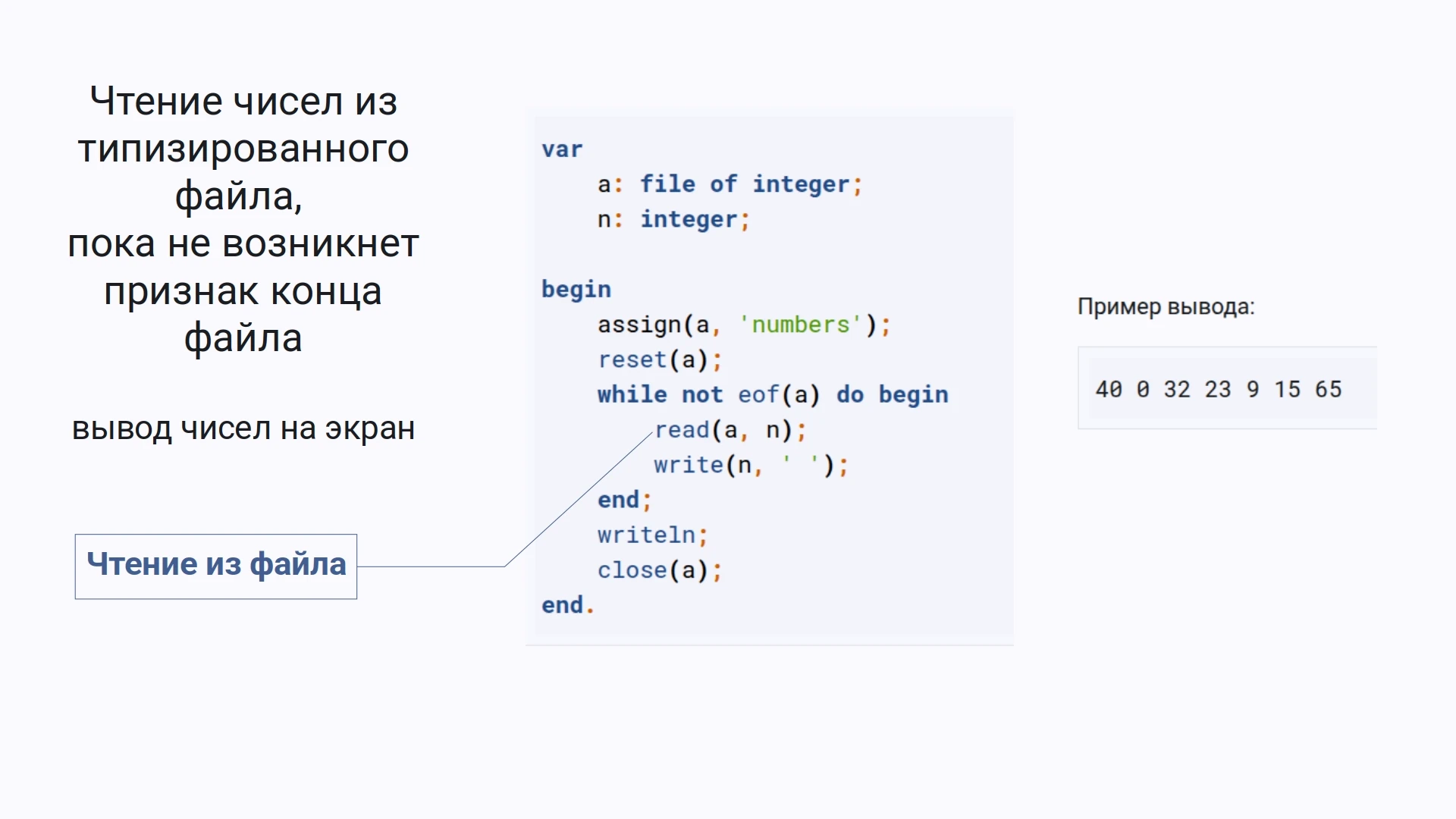Программа на Pascal, которая читает числа из типизированного файла