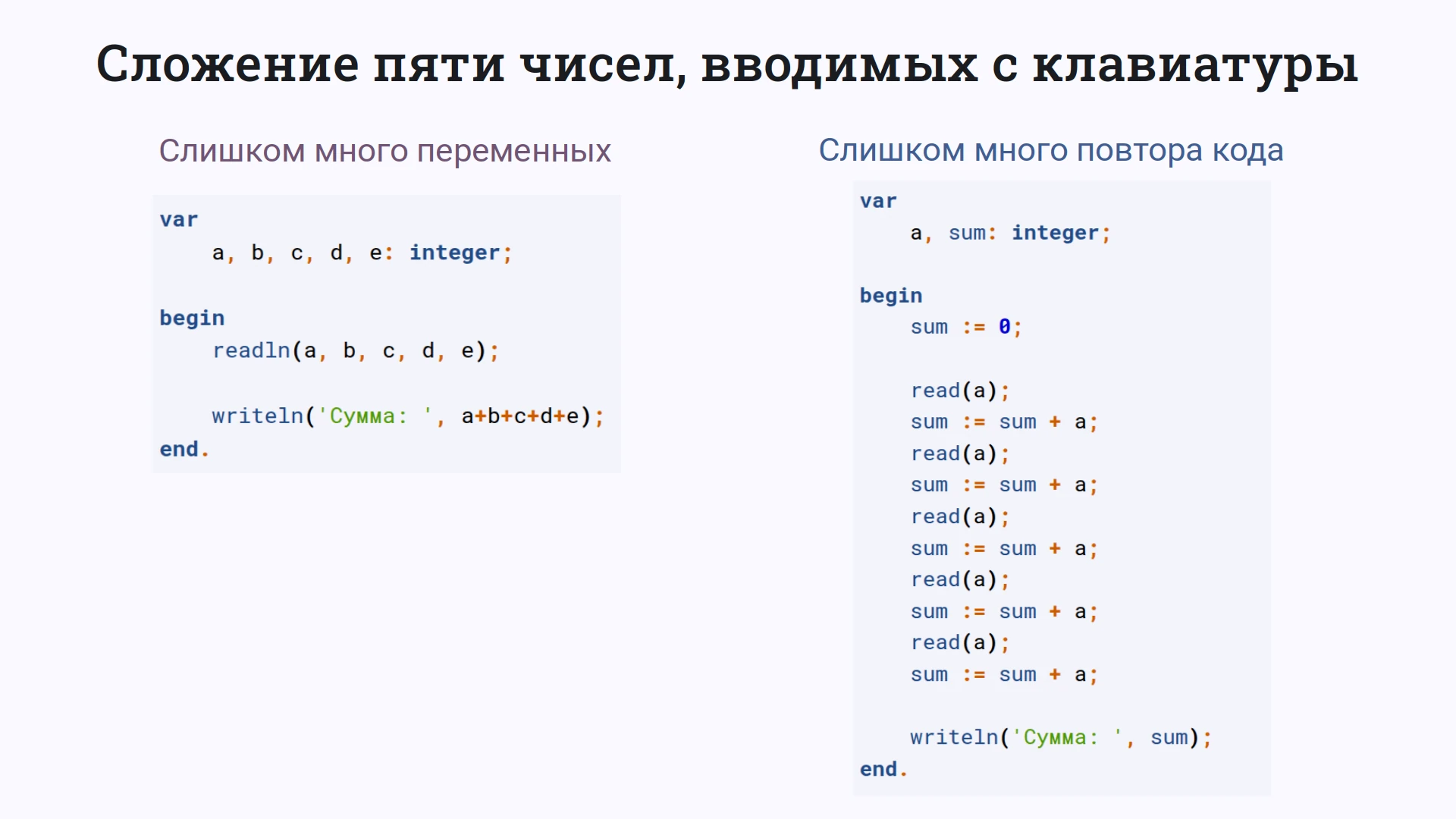 Примеры программ, которые складывают пять чисел, но не используют метки. Проблемы: избыток переменных, повторение строк кода, сложность обслуживания