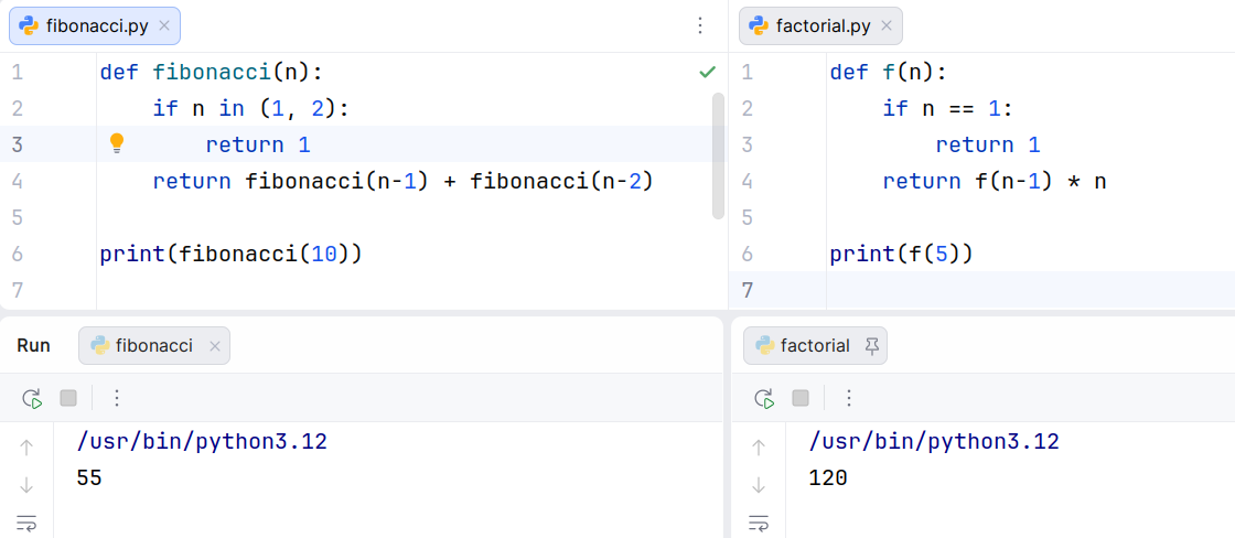 Рекурсивные функции для вычисления числа Фибоначчи и факториала