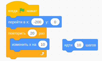 Взаимозаменяемость блоков "изменить x на …" и "идти ... шагов"
