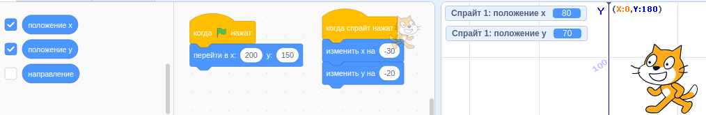Отображение на сцене значений блоков на "положение x" и "положение y"